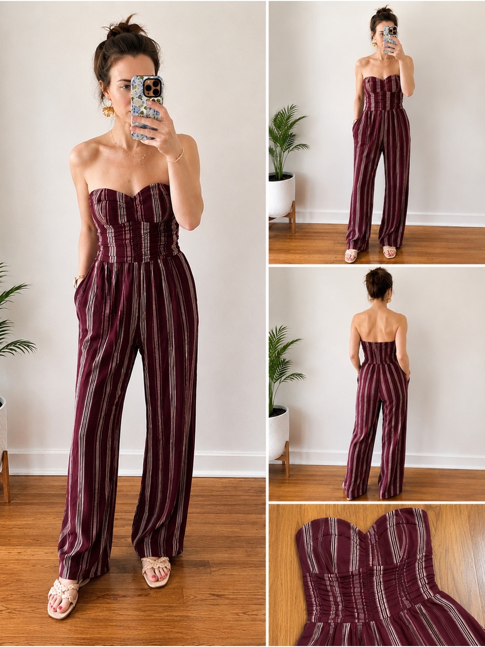 Band of Gypsies Strapless Burgundy & Ivory Striped Wide-Leg Jumpsuit